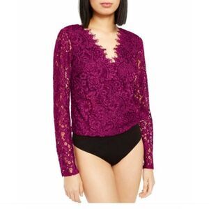 - NWT Leyden lace sheer sleeve magenta bodysuit with fringe trim